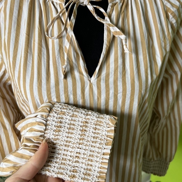 J Crew Smocked-cuff popover long sleeve top striped tan and white Size S - Picture 3 of 5